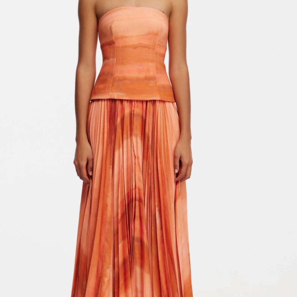 Acler Strapless Orange Watercolor Midi Dress
